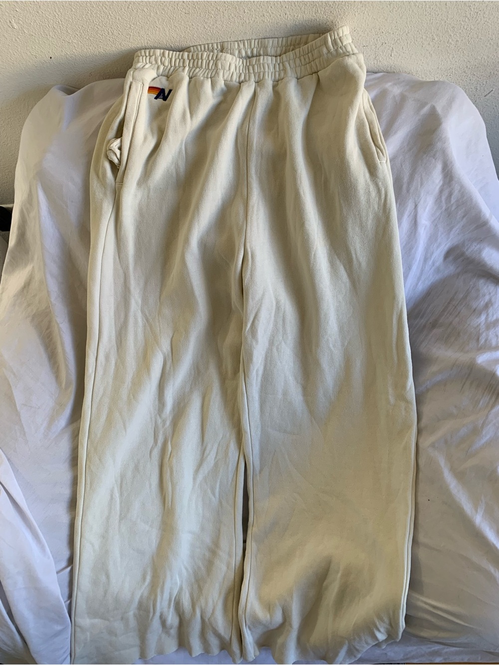 Aviator Nation Cream Rainbow Stripe Wide Leg Jogger Pants Womens XL